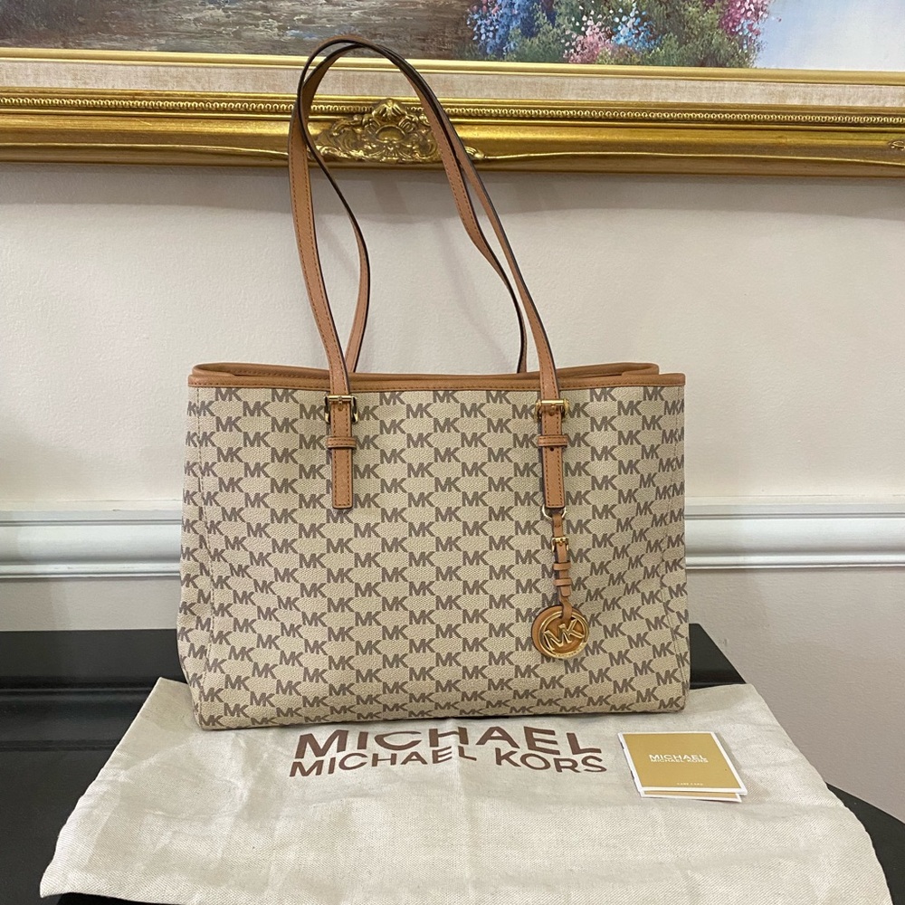 Michael Kors Beige Logo Tote with Tan Leather Trim